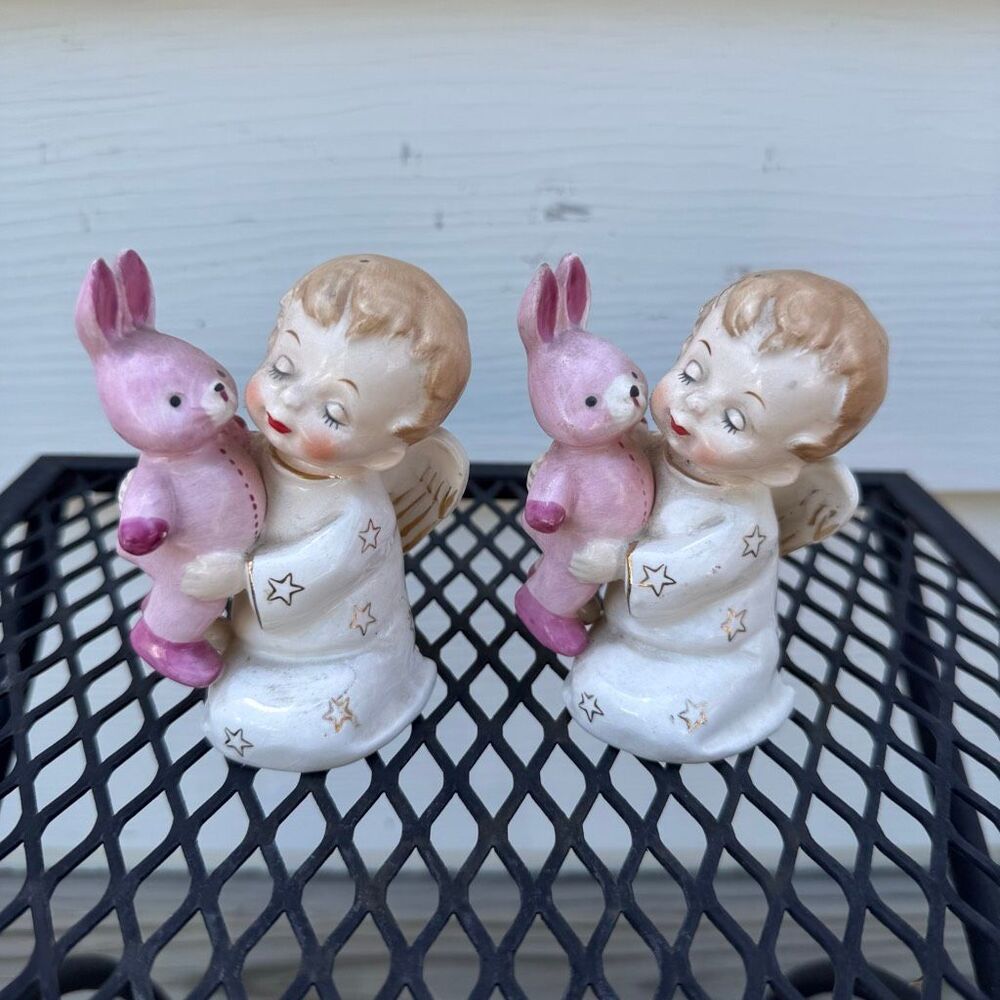 Vintage Angel with Pink Bunny Rabbit Porcelain Figurine Fine A Quality Japan Set